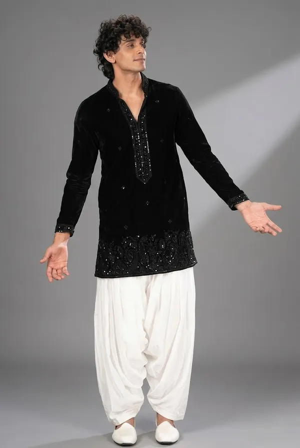 Black_Velvet_Embroidered_Kurta_With_White_Dhoti