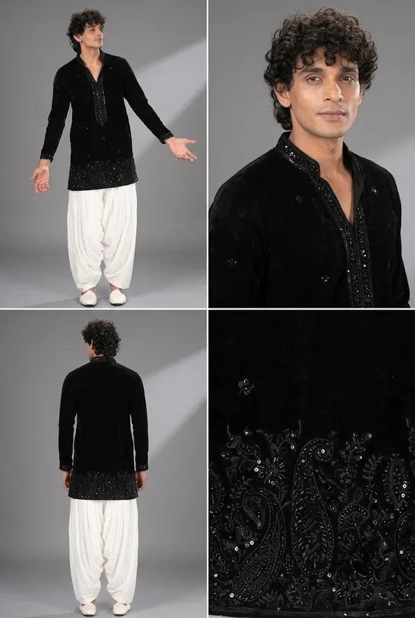 Black_Velvet_Embroidered_Kurta_With_White_Dhoti