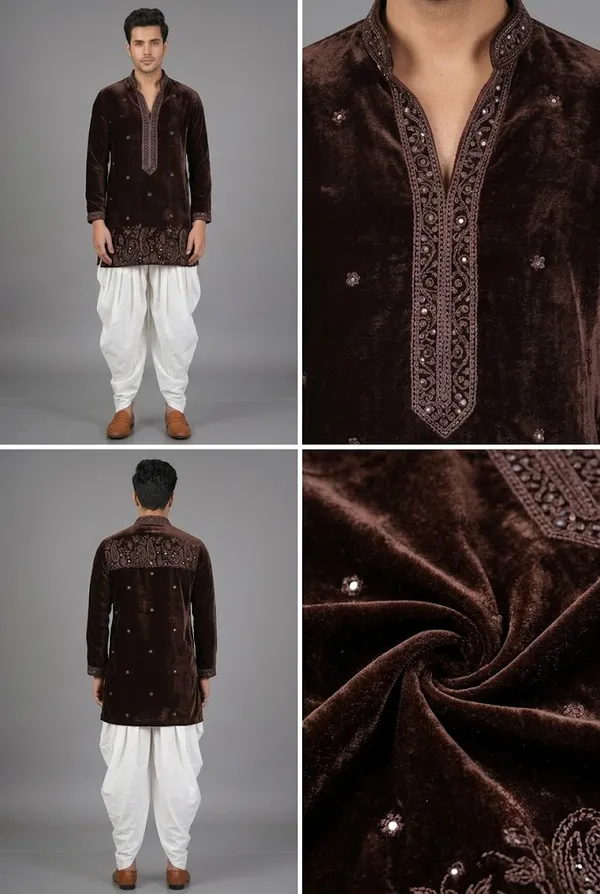 Brown_Velvet_Embroidered_Kurta_With_White_Dhoti
