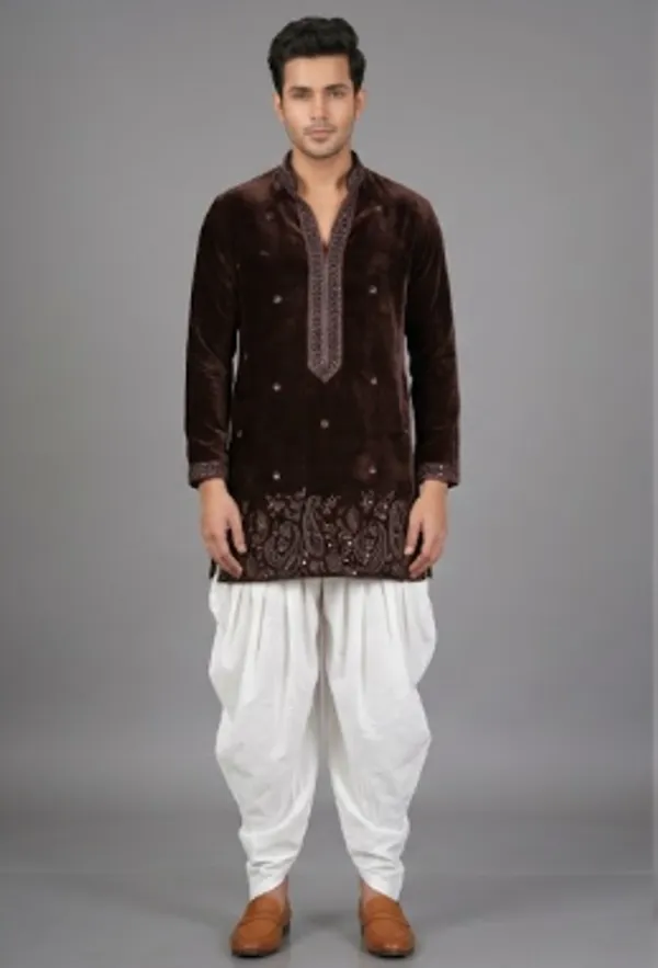Brown_Velvet_Embroidered_Kurta_With_White_Dhoti