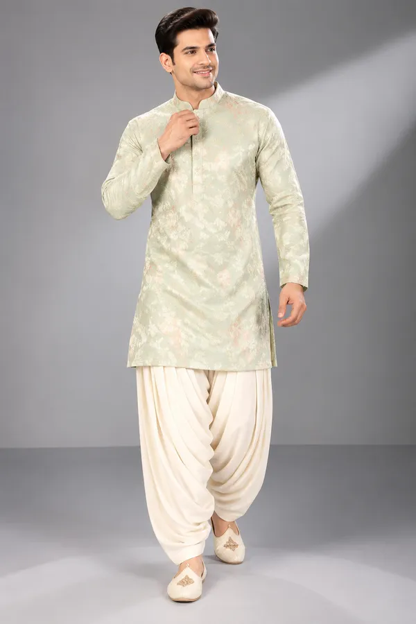 Pastel_Mint_Jacquard_Kurta_With_Ivory_Dhoti