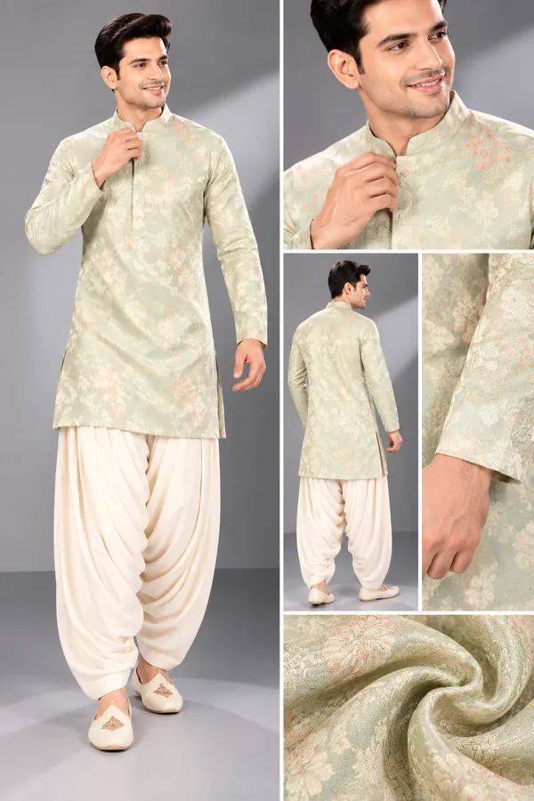 Pastel_Mint_Jacquard_Kurta_With_Ivory_Dhoti