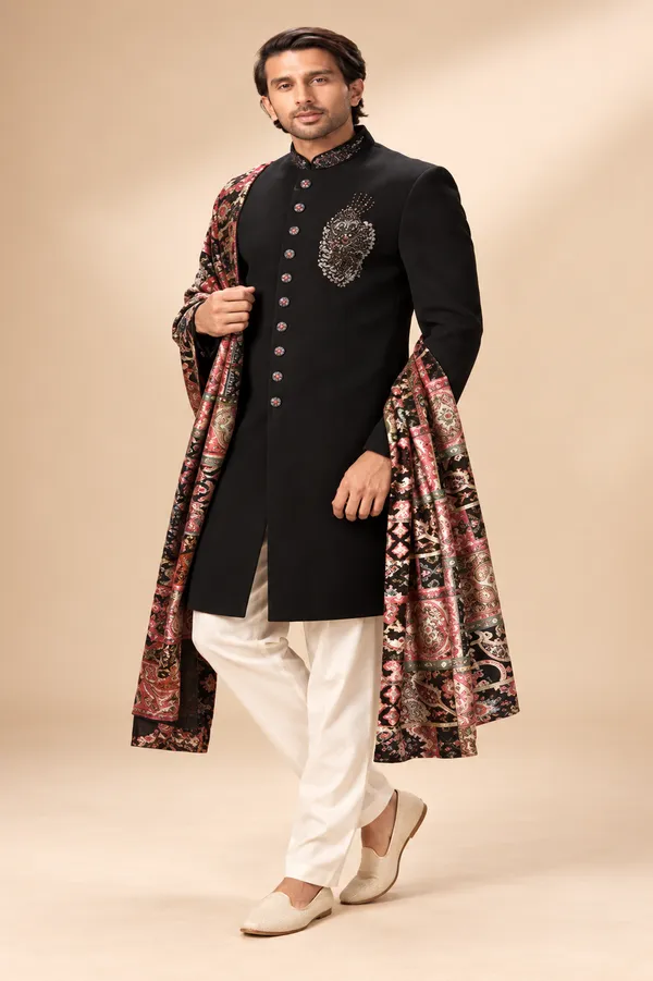 Regal_Black_Achkan_With_Printed_Shawl