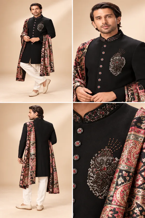 Regal_Black_Achkan_With_Printed_Shawl