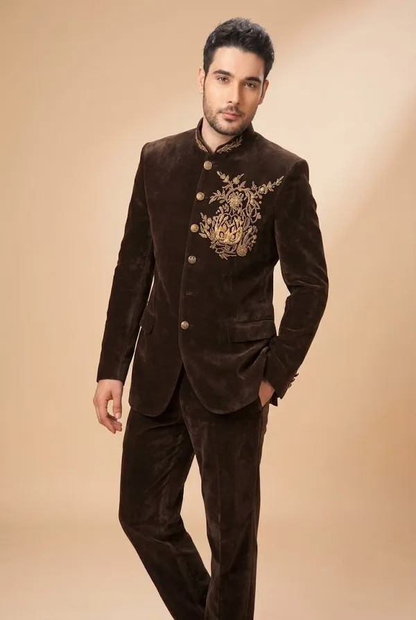 Chocolate_Brown_Velvet_Embroidered_Jodhpuri_Suit