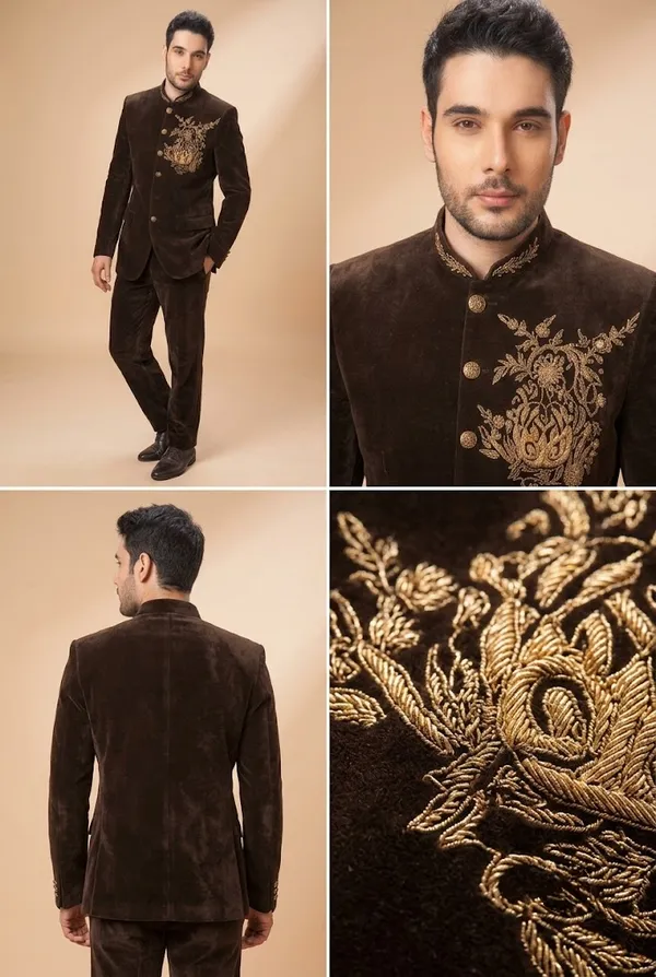 Chocolate_Brown_Velvet_Embroidered_Jodhpuri_Suit