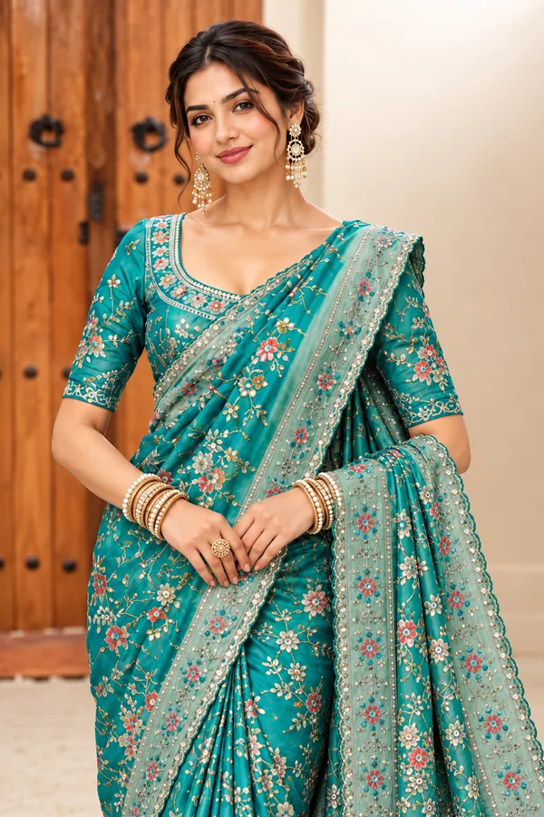Teal_Floral_Embroidered_Designer_Saree_Teal_Green