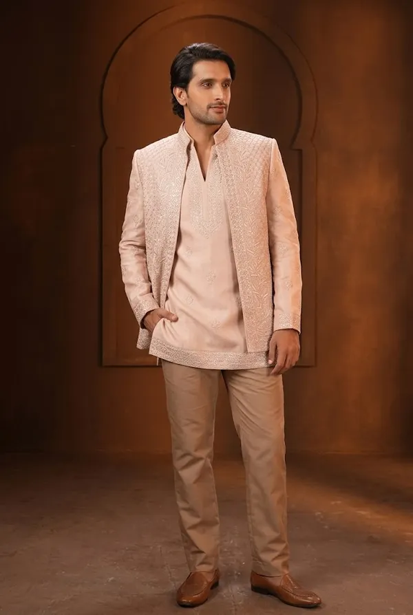 Peach_Embroidered_Indo_Western_Jacket_Set