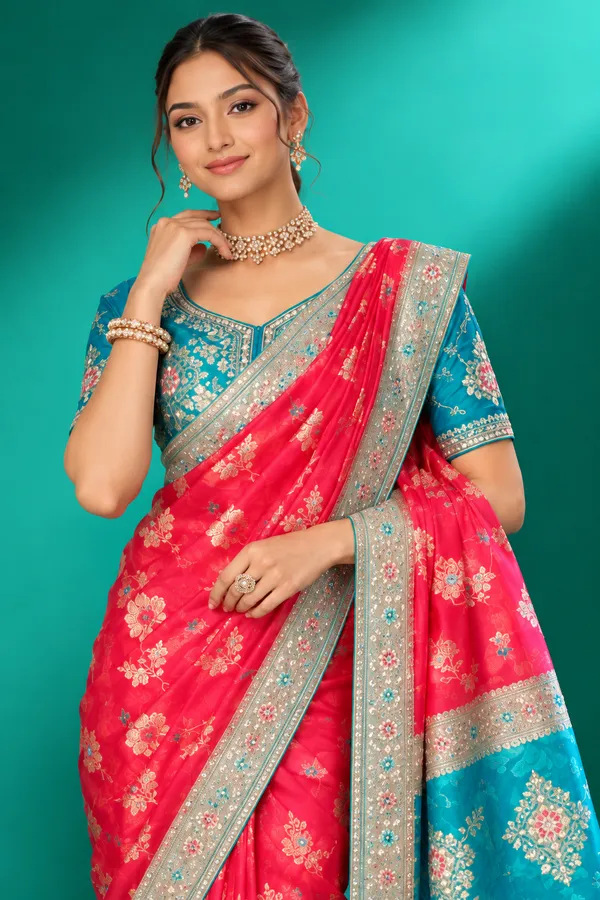 Fuchsia_Pink_Teal_Embroidered_Festive_Saree_Rani_Pink