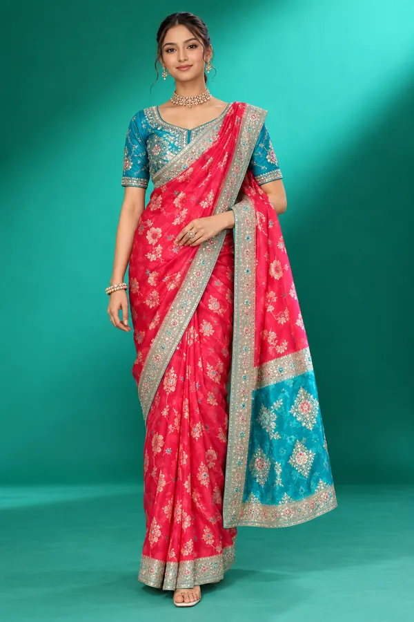 Fuchsia_Pink_Teal_Embroidered_Festive_Saree_Rani_Pink