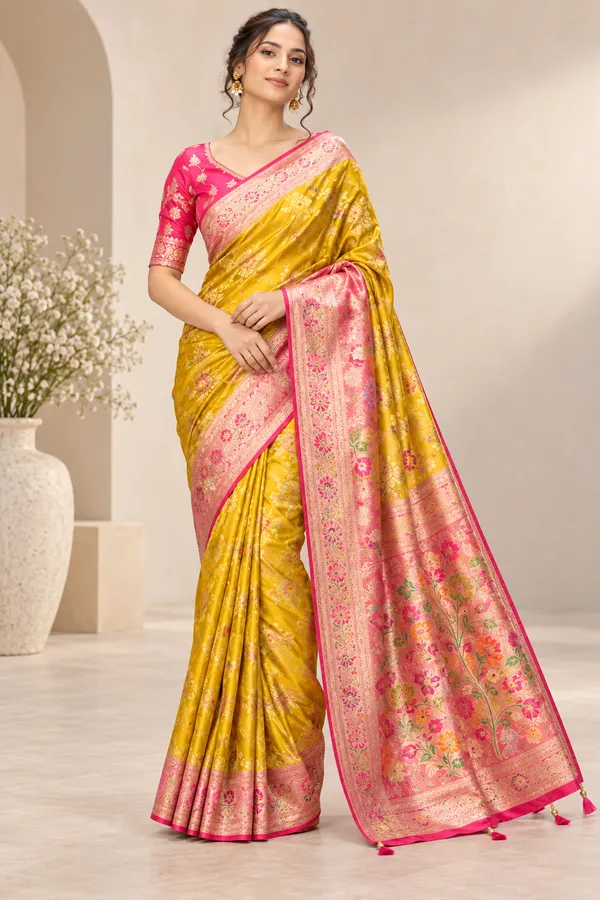 Mustard_Gold_Floral_Banarasi_Silk_Saree_Yellow