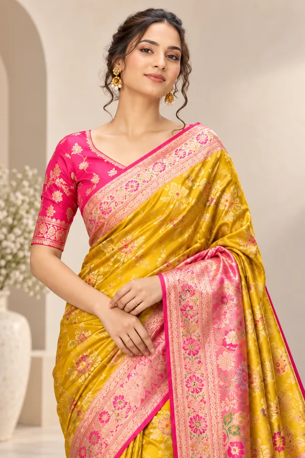 Mustard_Gold_Floral_Banarasi_Silk_Saree_Yellow