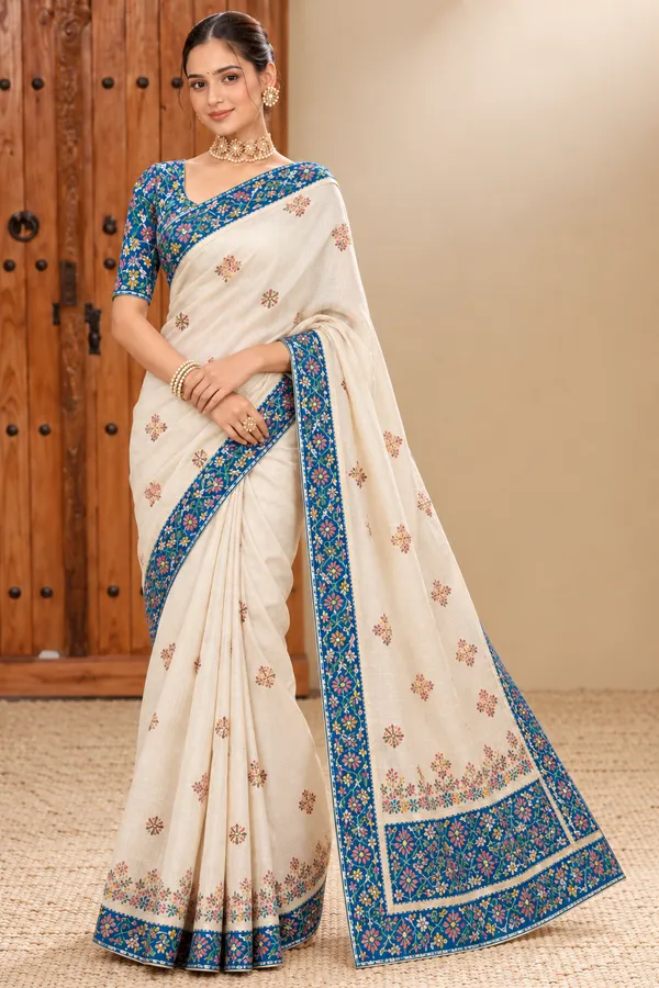 Ivory_Bloom_Blue_Border_Saree_Off_White