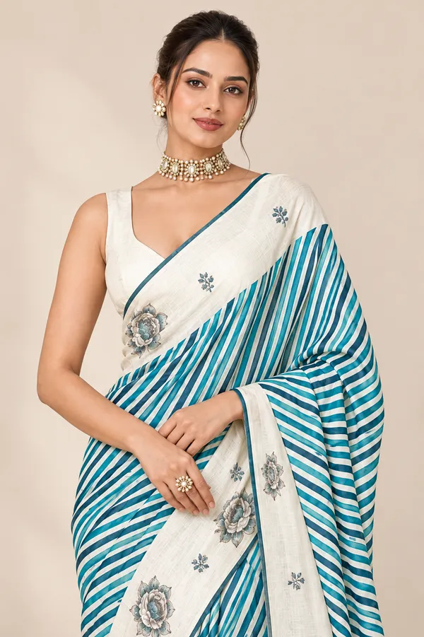 Teal_Stripe_Floral_Elegance_Saree_1_White