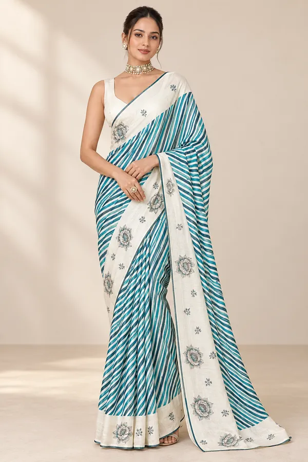 Teal_Stripe_Floral_Elegance_Saree_1_White