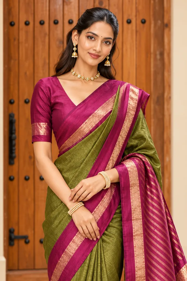 Olive_Green_Magenta_Zari_Border_Saree_Olive_Green