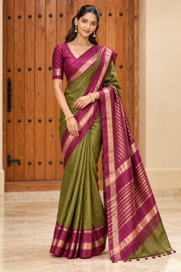 Olive_Green_Magenta_Zari_Border_Saree_Olive_Green