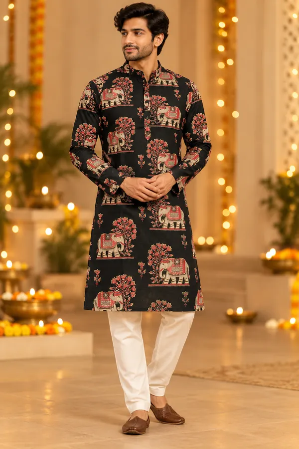 Title_Black_Elephant_Print_Festive_Kurta_Only