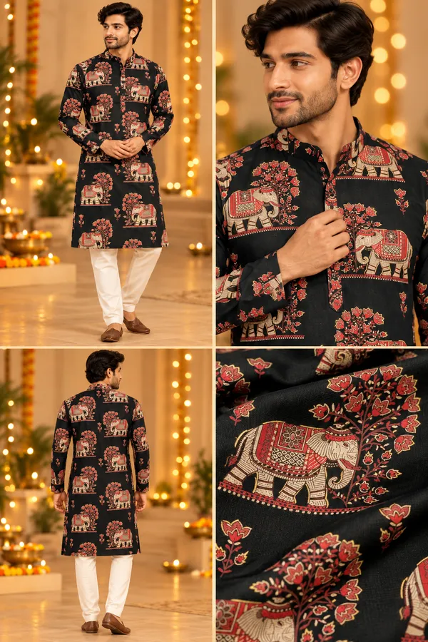 Title_Black_Elephant_Print_Festive_Kurta_Only
