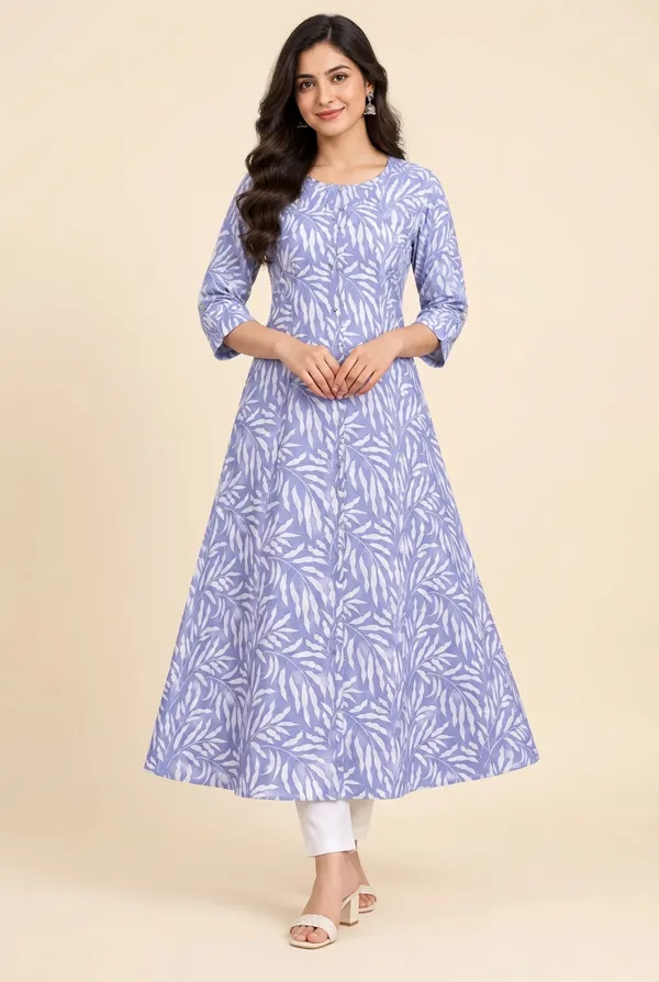 Elegant_Sky_Blue_Leaf_Print_Long_Kurti_Dusty_Sky_Blue