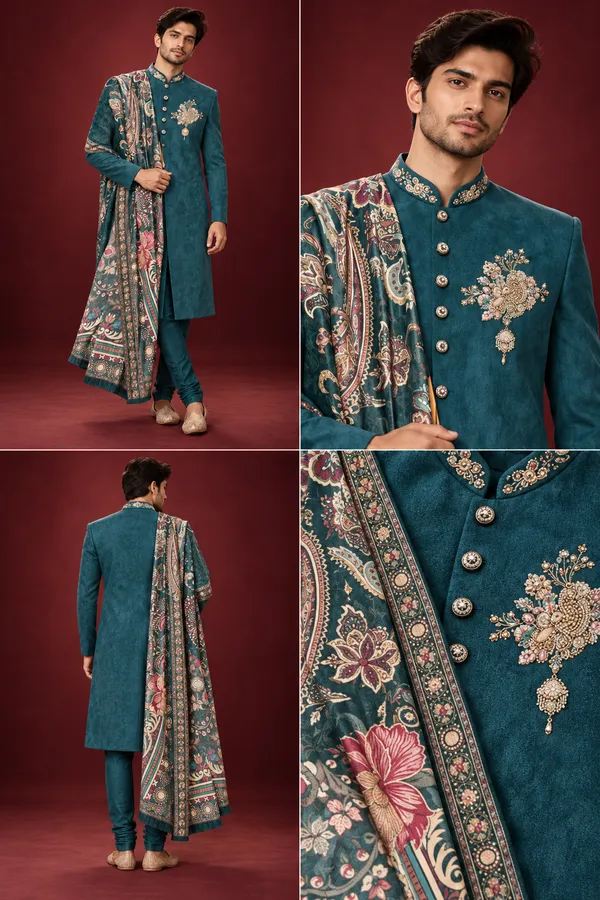Teal_Embroidered_Indo_Western_Sherwani_Set