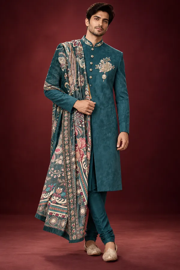 Teal_Embroidered_Indo_Western_Sherwani_Set