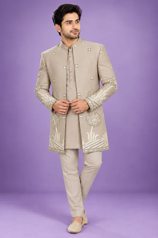 Beige_Embroidered_Indo_Western_Sherwani_Set