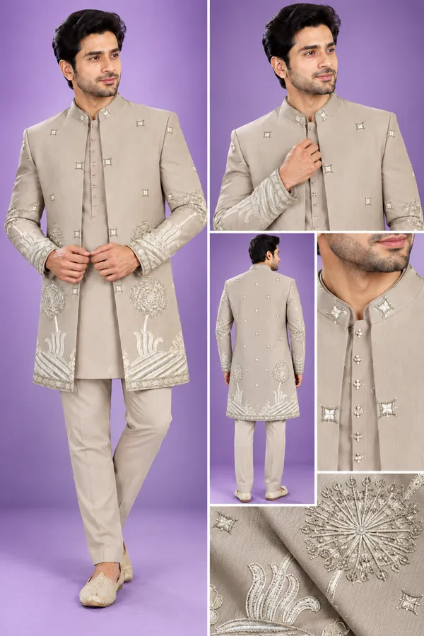 Beige_Embroidered_Indo_Western_Sherwani_Set