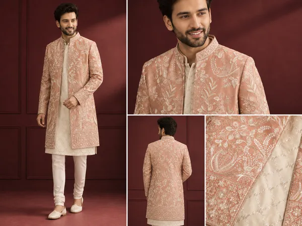 Peach_Embroidered_Indo_Western_Sherwani_Set