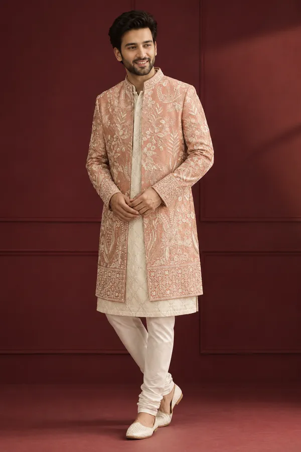 Peach_Embroidered_Indo_Western_Sherwani_Set