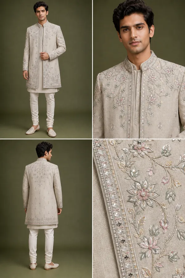 Beige_Floral_Embroidered_Sherwani_Set