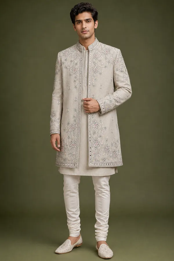 Beige_Floral_Embroidered_Sherwani_Set