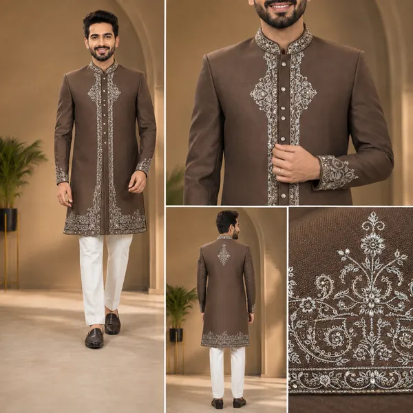 Brown_Embroidered_Indo_Western_Sherwani_Set_For_Men
