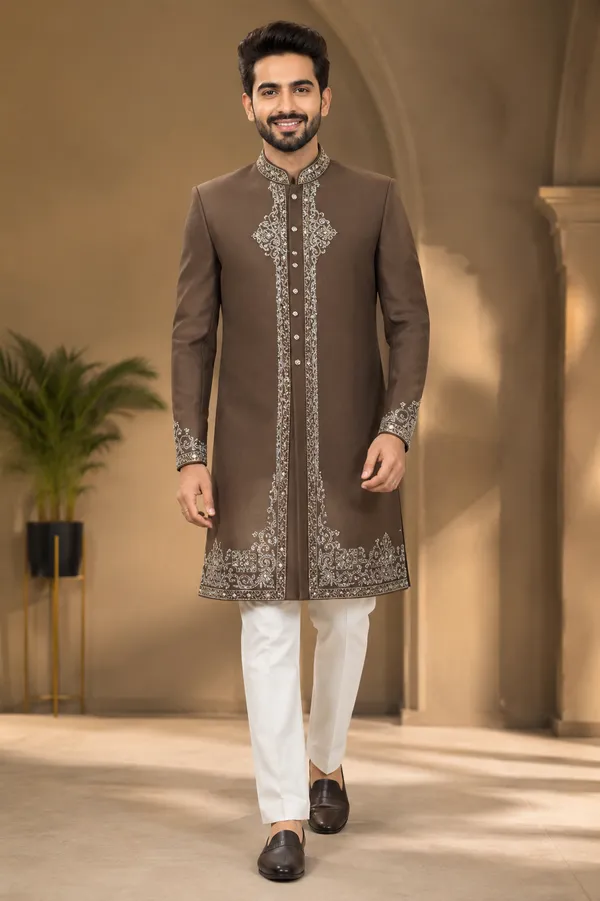 Brown_Embroidered_Indo_Western_Sherwani_Set_For_Men
