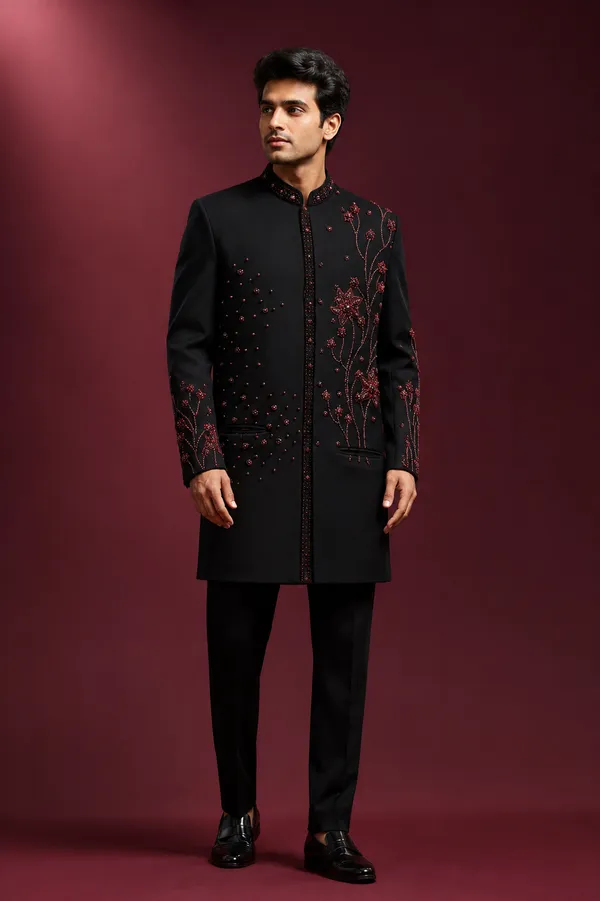 Black_Maroon_Floral_Embroidered_Indo_Western_Sherwani