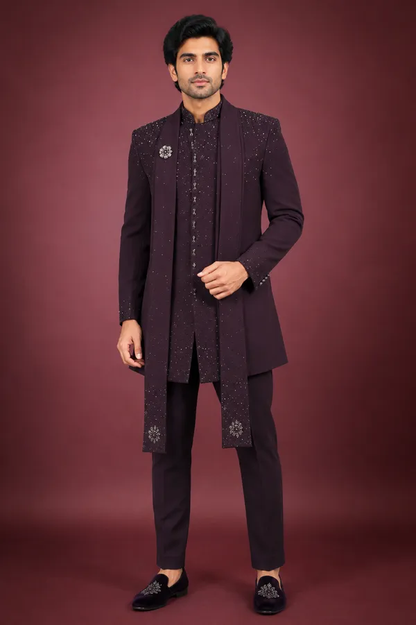 Wine_Embellished_Indo_Western_Sherwani_Set_For_Men