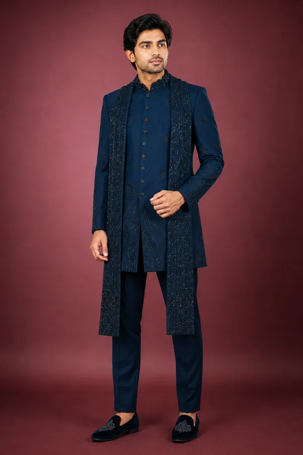 Navy_Blue_Embellished_Indo_Western_Sherwani_Set_For_Men