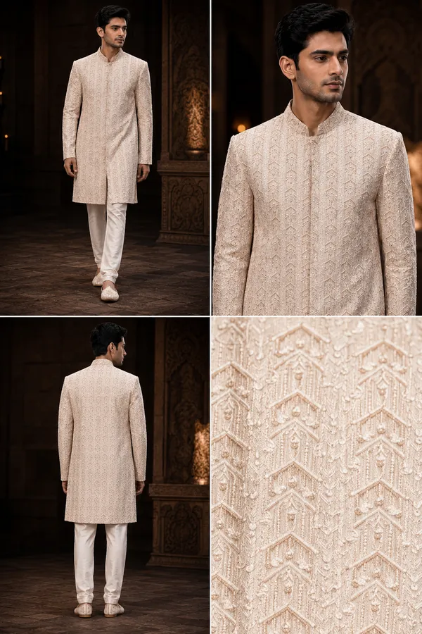 Champagne_Embroidered_Indo_Western_Sherwani_Set