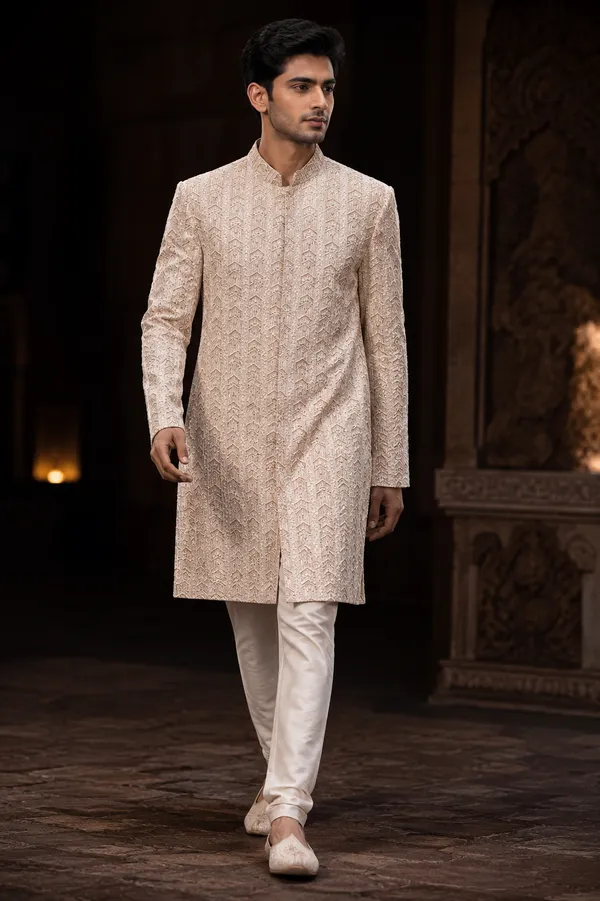 Champagne_Embroidered_Indo_Western_Sherwani_Set