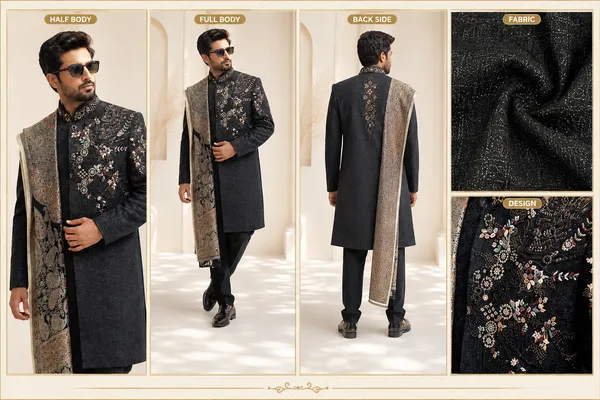 Black_Embroidered_Designer_Sherwani_Set_With_Stole