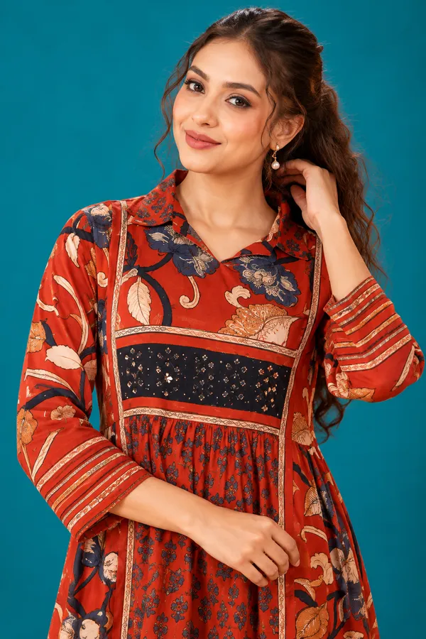 Rust_Red_Floral_Printed_Midi_Dress_Elegant_Casual_Wear_Rust_Red
