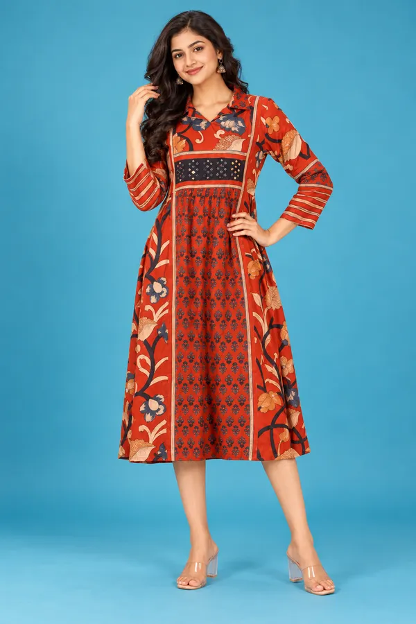 Rust_Red_Floral_Printed_Midi_Dress_Elegant_Casual_Wear_Rust_Red
