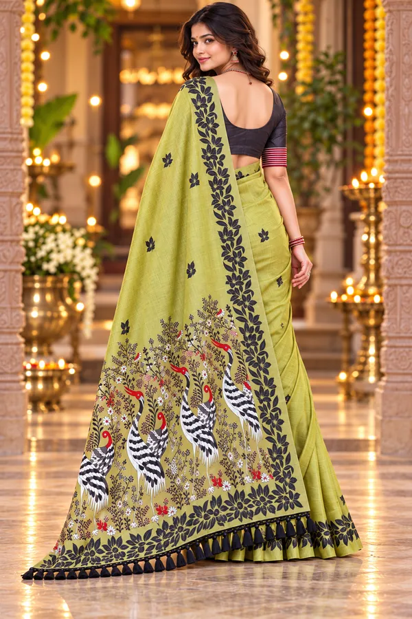 Title_Chartreuse_Green_Saree_With_Artistic_Bird_Pallu_Olive_Green