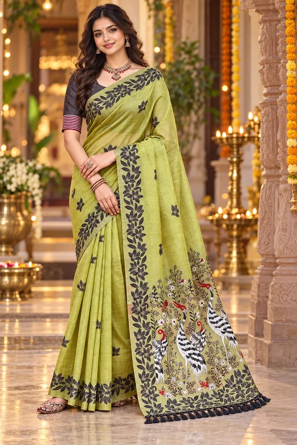 Title_Chartreuse_Green_Saree_With_Artistic_Bird_Pallu_Olive_Green