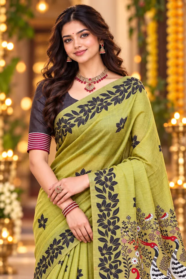 Title_Chartreuse_Green_Saree_With_Artistic_Bird_Pallu_Olive_Green
