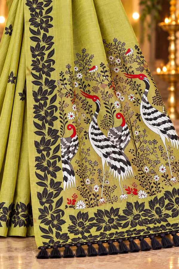 Title_Chartreuse_Green_Saree_With_Artistic_Bird_Pallu_Olive_Green