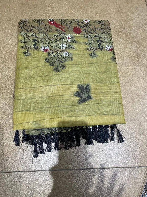 Title_Chartreuse_Green_Saree_With_Artistic_Bird_Pallu_Olive_Green