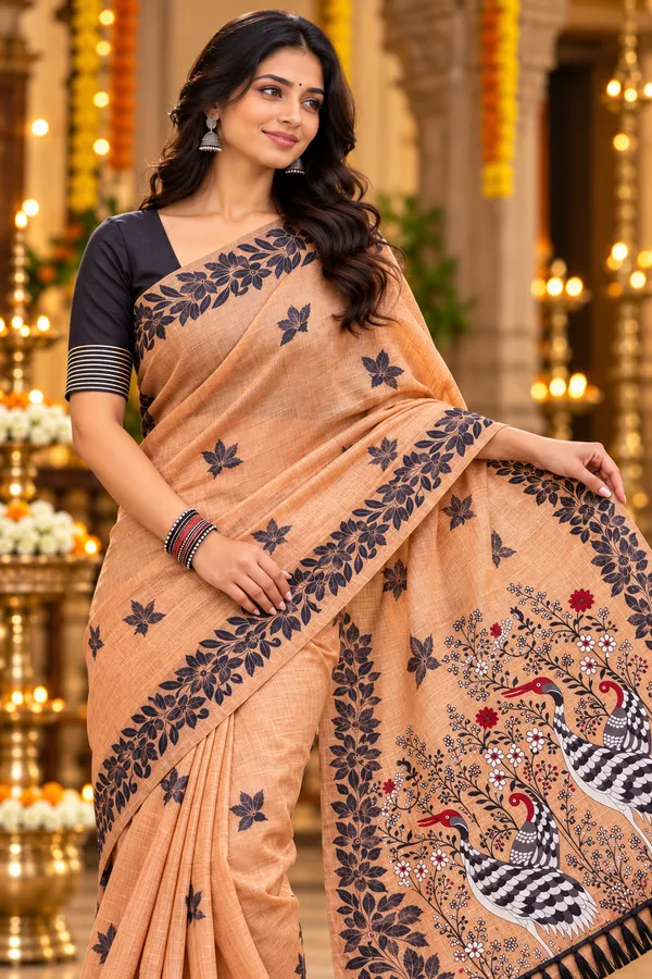 Title_Light_Peach_Elegance_With_Artistic_Bird_Pallu_Peach_Blossom