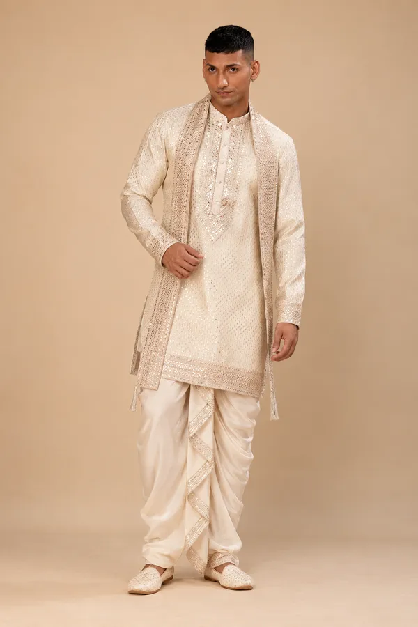 Premium_Ivory_Cream_Embroidered_Kurta_Dhoti_Set_With_Designer_Stole