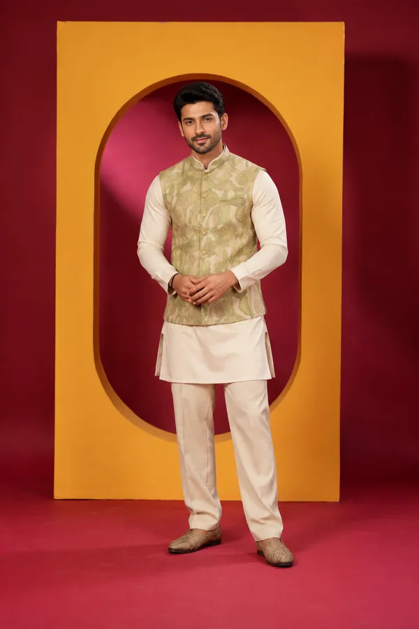 Elegant_Sage_Gold_Nehru_Jacket_Kurta_Set_For_Men